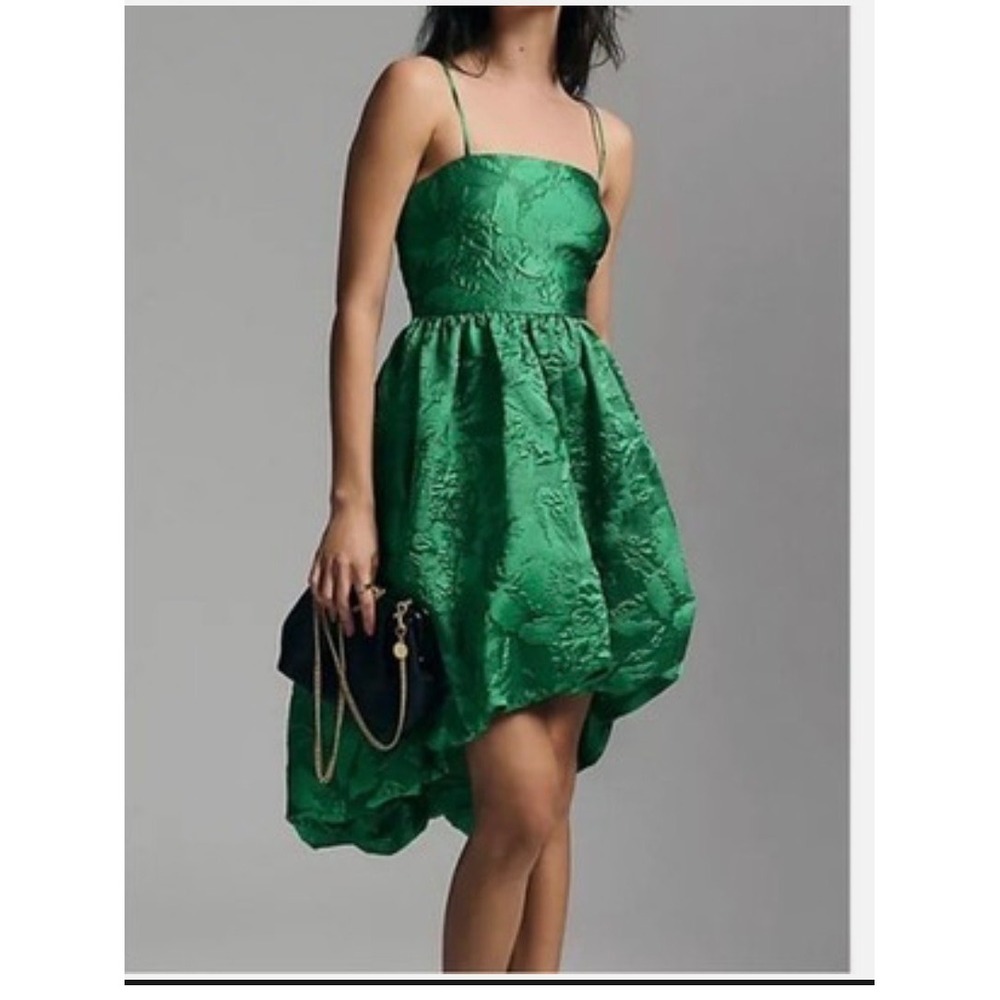 Anthropologie Green Jacquard High Low Bubble Hem Cocktail Dress Size 0 Floral